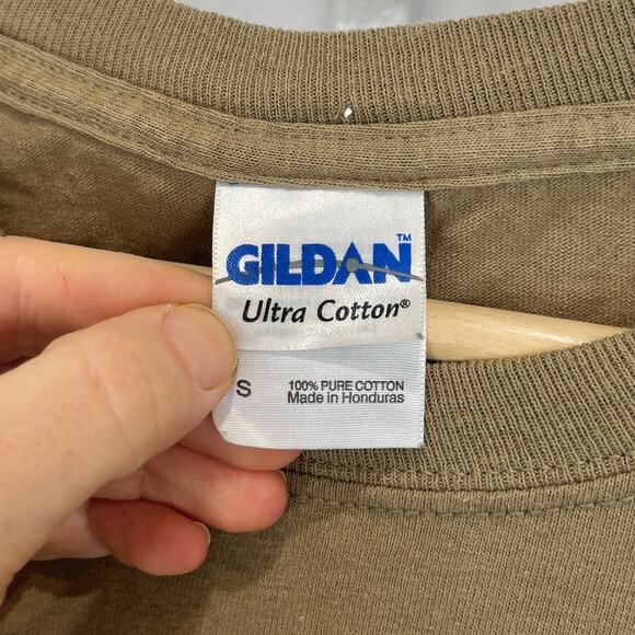 TRADER JOES Gildan Long Sleeve T Shirt Cropped Roll Hem Cotton Brown Green S - Picture 5 of 8